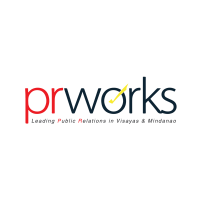 PRWorks logo with red and dark blue text and a yellow check mark symbol, tagline reading "Leading Public Relations in Visayas and Mindanao